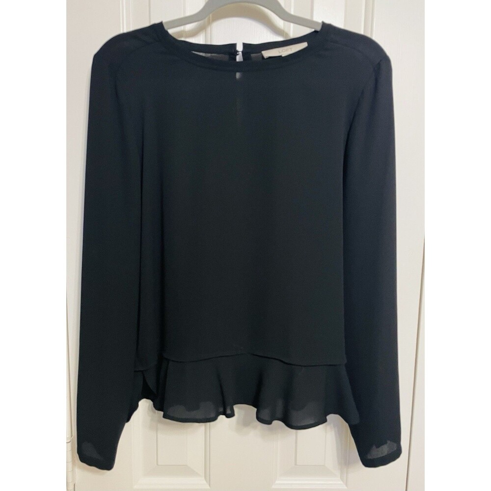 LOFT Black Peplum Blouse Size Small Long Sleeve Keyhole Back Elegant Work Top